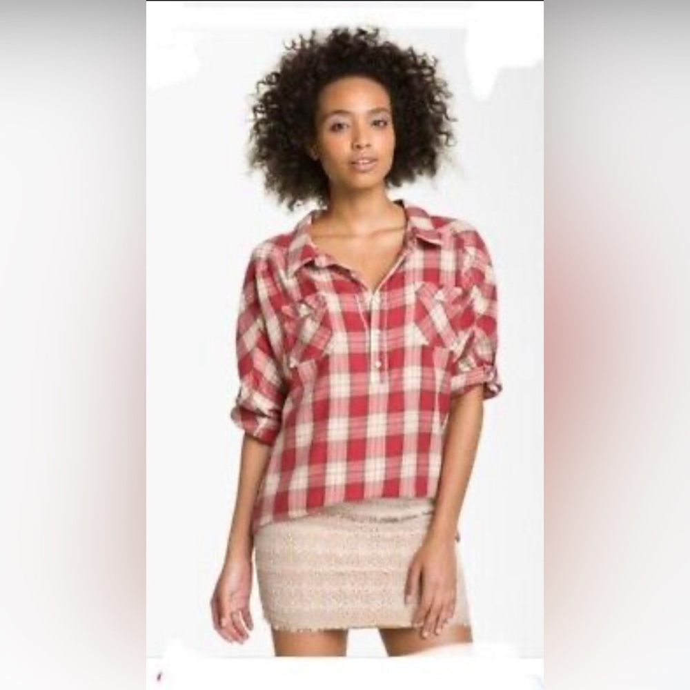 Haute Hippie red plaid flannel snap front popover shirt w/ adjustable sleeve
